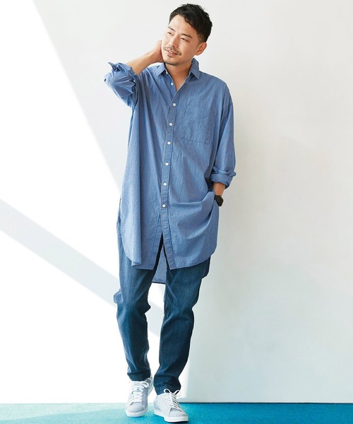 Sunny clouds(サニークラウズ)の「サニークラウズ ストライプロングシャツ(シャツ/ブラウス・メンズ・ベージュ/ブルー・SMALL/MEDIUM/LARGE/BL)」の14枚目の写真