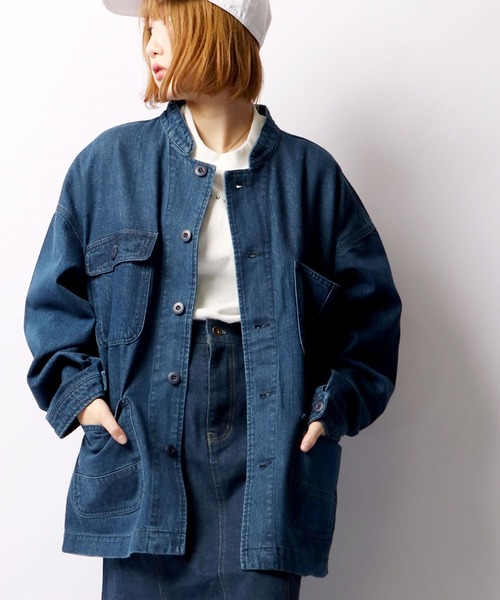 BLUE BLUE ブルーブルー デニムノーカラーカバーオール 3 水色 リブ袖 超美品】BLUE BLUE デニムノーカラーカバーオール