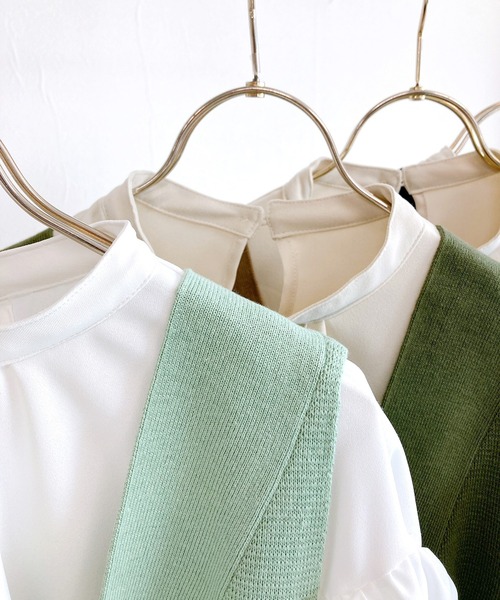 White Collection（ホワイトコレクション）の「【2021SS新作】深Vネックベスト＆ブラウス/レイヤードセット（Tシャツ/カットソー・レディース・ブラック/ベージュ/カーキ/アイボリー/ミント・M）」の19枚目の写真