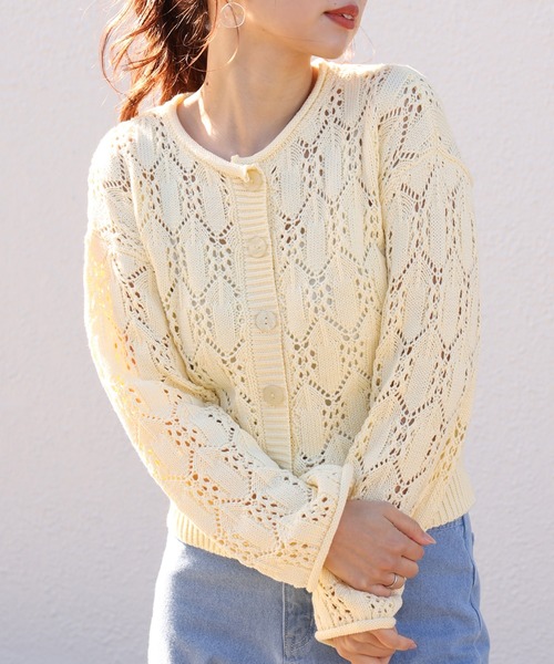 one after another NICE CLAUP（ワンアフターアナザーナイスクラップ）の「すかしあみカーディガン（カーディガン/ボレロ・レディース・ブラック/ベージュ/イエロー/アイボリー・FREE）」の4枚目の写真