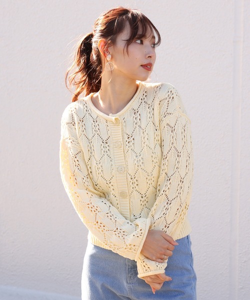 one after another NICE CLAUP（ワンアフターアナザーナイスクラップ）の「すかしあみカーディガン（カーディガン/ボレロ・レディース・ブラック/ベージュ/イエロー/アイボリー・FREE）」の12枚目の写真
