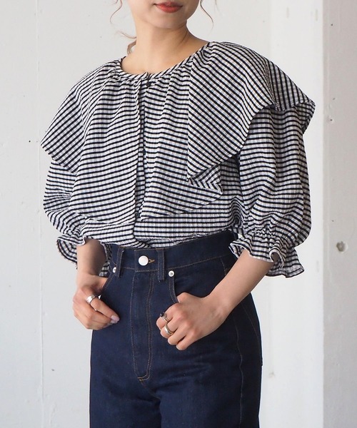 tiptop（ティップトップ）の「2021SS ラッフルブラウスチュニック（シャツ/ブラウス・レディース・ブラック/オフホワイト/A/B・FREE）」の3枚目の写真