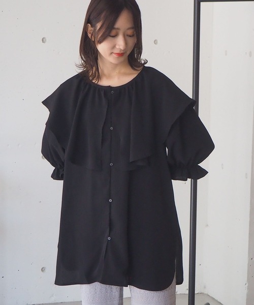 tiptop（ティップトップ）の「2021SS ラッフルブラウスチュニック（シャツ/ブラウス・レディース・ブラック/オフホワイト/A/B・FREE）」の7枚目の写真