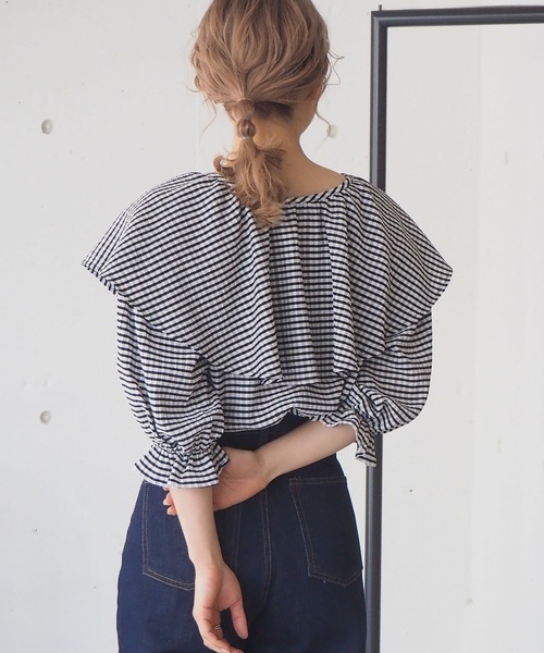 tiptop（ティップトップ）の「2021SS ラッフルブラウスチュニック（シャツ/ブラウス・レディース・ブラック/オフホワイト/A/B・FREE）」の8枚目の写真