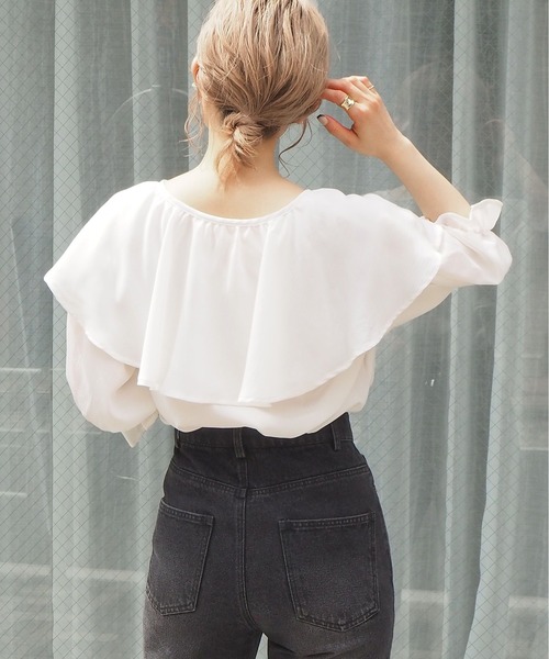 限定❗️完売品❗️再入荷ラッフルデコチュニック丈ブラウス　ホワイト　frene セール】2021SS ラッフルブラウスチュニック（シャツ/ブラウス
