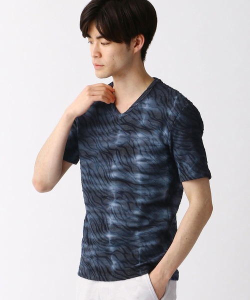 HIDEAWAYS NICOLE(ハイダウェイニコル)の「ウェーブ柄膨れジャカードTシャツ(Tシャツ/カットソー・メンズ・ホワイト/ネイビー/オレンジ/ブラック・MEDIUM/X-LARGE/LARGE)」の4枚目の写真