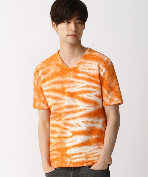 HIDEAWAYS NICOLE(ハイダウェイニコル)の「ウェーブ柄膨れジャカードTシャツ(Tシャツ/カットソー・メンズ・ホワイト/ネイビー/オレンジ/ブラック・MEDIUM/X-LARGE/LARGE)」の1枚目の写真