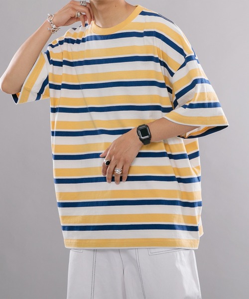 kutir(クティール)の「マルチボーダーTシャツ(Tシャツ/カットソー・メンズ・サックスブルー/イエロー/グリーン・MEDIUM/LARGE)」の3枚目の写真