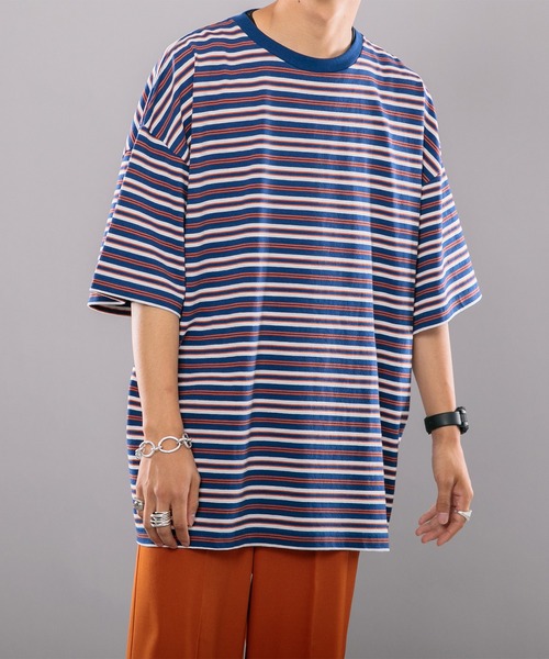 kutir(クティール)の「マルチボーダーTシャツ(Tシャツ/カットソー・メンズ・サックスブルー/イエロー/グリーン・MEDIUM/LARGE)」の12枚目の写真