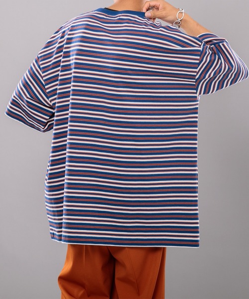 kutir(クティール)の「マルチボーダーTシャツ(Tシャツ/カットソー・メンズ・サックスブルー/イエロー/グリーン・MEDIUM/LARGE)」の5枚目の写真