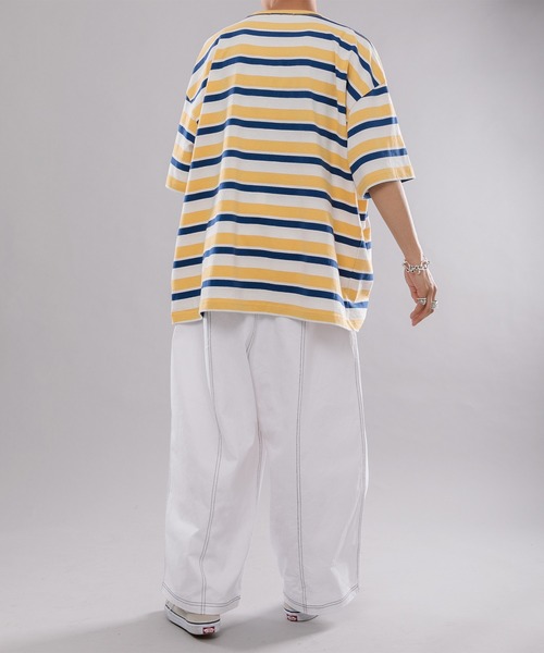 kutir(クティール)の「マルチボーダーTシャツ(Tシャツ/カットソー・メンズ・サックスブルー/イエロー/グリーン・MEDIUM/LARGE)」の16枚目の写真