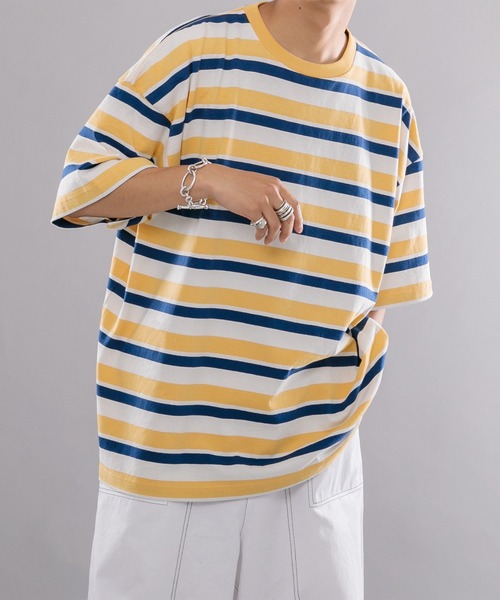 kutir(クティール)の「マルチボーダーTシャツ(Tシャツ/カットソー・メンズ・サックスブルー/イエロー/グリーン・MEDIUM/LARGE)」の22枚目の写真