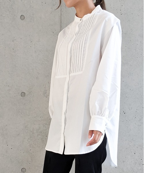 Per sist ence（パーシエンス）の「Per sist ence/パーシエンス　 T/Cツイル ピンタック入りチュニックシャツ（シャツ/ブラウス・レディース・ブラック/オフホワイト/グレイッシュベージュ・FREE）」の8枚目の写真