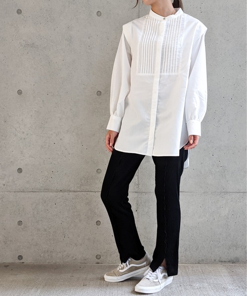 Per sist ence（パーシエンス）の「Per sist ence/パーシエンス　 T/Cツイル ピンタック入りチュニックシャツ（シャツ/ブラウス・レディース・ブラック/オフホワイト/グレイッシュベージュ・FREE）」の9枚目の写真