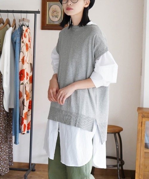 zootie（ズーティー）の「オーディナリー コットンニット セーター［半袖フレンチスリーブ］（ニット/セーター・レディース・ブルー系その他/オフホワイト/ブラック/イエロー系その他/杢グレー/ダークブラウン/パープル系その他/コーラル/ネイビー/チャコール/オレンジ系その他/サンドベージュ/グレイッシュブルー/モスグリーン/ライトピンク/グリーン系その他/ベージュ系その他/ライム/チェリーピンク・フリー）」の3枚目の写真