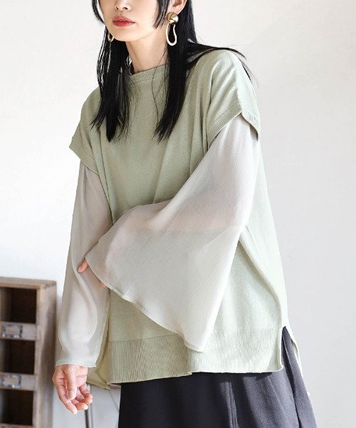 zootie（ズーティー）の「オーディナリー コットンニット セーター［半袖フレンチスリーブ］（ニット/セーター・レディース・ブルー系その他/オフホワイト/ブラック/イエロー系その他/杢グレー/ダークブラウン/パープル系その他/コーラル/ネイビー/チャコール/オレンジ系その他/サンドベージュ/グレイッシュブルー/モスグリーン/ライトピンク/グリーン系その他/ベージュ系その他/ライム/チェリーピンク・フリー）」の10枚目の写真