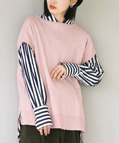 zootie（ズーティー）の「オーディナリー コットンニット セーター［半袖フレンチスリーブ］（ニット/セーター・レディース・ブルー系その他/オフホワイト/ブラック/イエロー系その他/杢グレー/ダークブラウン/パープル系その他/コーラル/ネイビー/チャコール/オレンジ系その他/サンドベージュ/グレイッシュブルー/モスグリーン/ライトピンク/グリーン系その他/ベージュ系その他/ライム/チェリーピンク・フリー）」の16枚目の写真