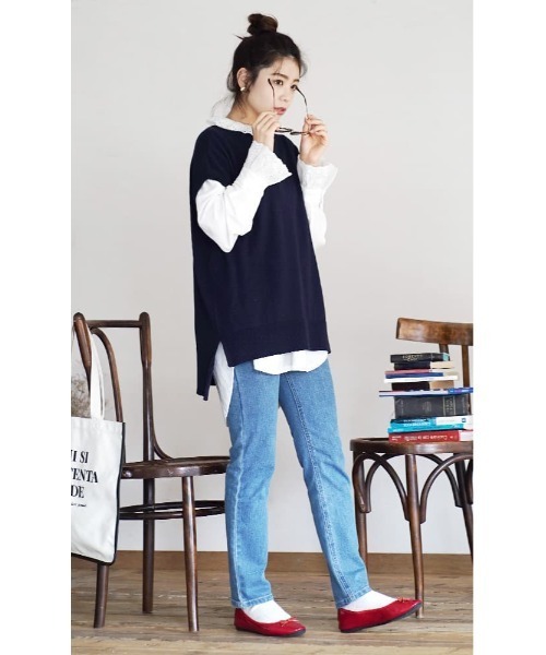 zootie（ズーティー）の「オーディナリー コットンニット セーター［半袖フレンチスリーブ］（ニット/セーター・レディース・ブルー系その他/オフホワイト/ブラック/イエロー系その他/杢グレー/ダークブラウン/パープル系その他/コーラル/ネイビー/チャコール/オレンジ系その他/サンドベージュ/グレイッシュブルー/モスグリーン/ライトピンク/グリーン系その他/ベージュ系その他/ライム/チェリーピンク・フリー）」の22枚目の写真
