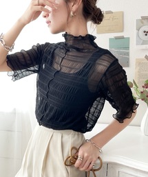 classicalelf | 上級者魅え。2wayシャーリングシアー素材ハイネックトップス(半袖)(Tシャツ/カットソー)