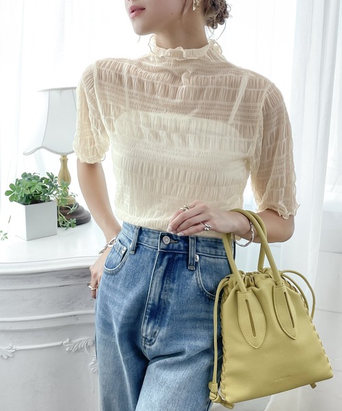 classicalelf(クラシカルエルフ)の「上級者魅え。2wayシャーリングシアー素材ハイネックトップス(半袖)(Tシャツ/カットソー・レディース・ホワイト/ブラック/クリーム・MEDIUM/LARGE)」の7枚目の写真