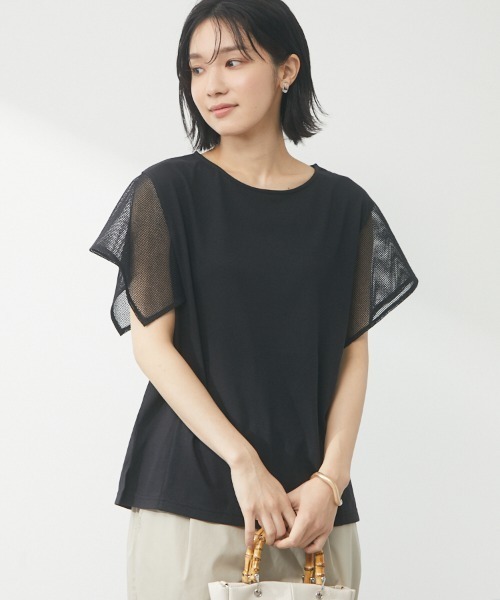 Green　Parks（グリーンパークス）の「袖メッシュドッキングプルオーバー（Tシャツ/カットソー・レディース・オフホワイト/ブラウン/ブラック・FREE）」の3枚目の写真