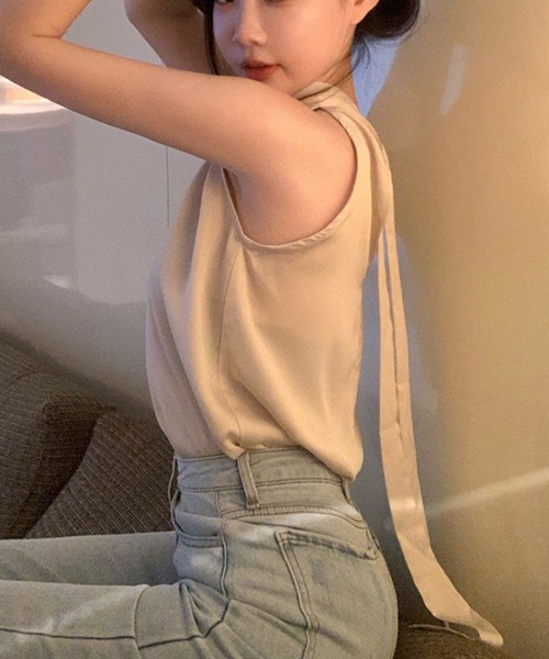 Dita Muaj.(ディータムアージュ)の「ホルターネックバックリボンサテントップス(キャミソール・レディース・ライトブルー/アイボリー・FREE)」の8枚目の写真