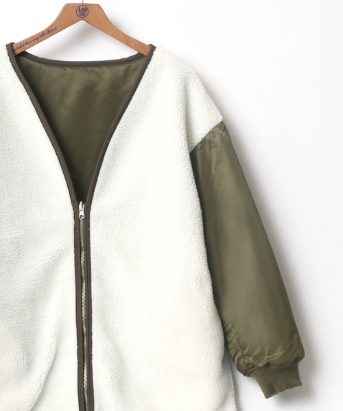 Lee（リー）の「Lee/リー REVERSIBLE BOA ZIP COAT/オーバーサイズ リバーシブル ボア ジャケット（ノーカラージャケット・レディース・ブラック/オリーブ・S/M）」の3枚目の写真