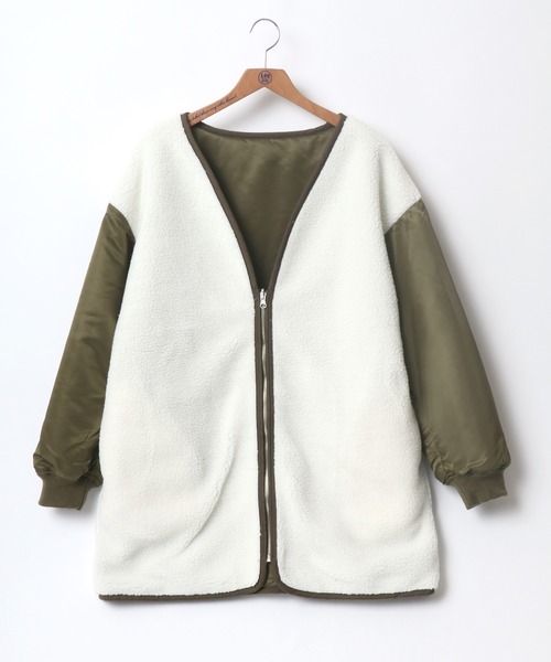 Lee（リー）の「Lee/リー REVERSIBLE BOA ZIP COAT/オーバーサイズ リバーシブル ボア ジャケット（ノーカラージャケット・レディース・ブラック/オリーブ・S/M）」の9枚目の写真