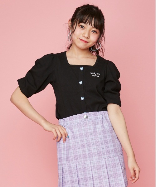 新品 JOAN トップス 黒地にピンク サイズM JENNI love（ジェニィラブ）の「スクエアネック袖ギャザートップス（T