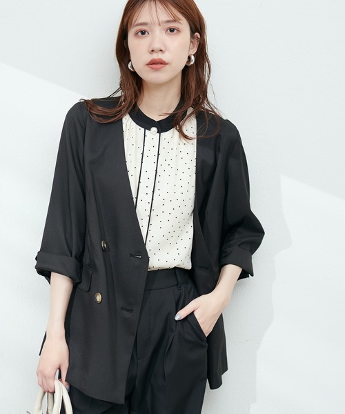 natural couture（ナチュラルクチュール）の「麻調ノーカラージャケット（テーラードジャケット・レディース・ベージュ/ネイビー/ラベンダー/ブラック・FREE）」の7枚目の写真