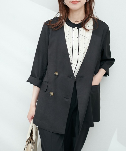 natural couture（ナチュラルクチュール）の「麻調ノーカラージャケット（テーラードジャケット・レディース・ベージュ/ネイビー/ラベンダー/ブラック・FREE）」の5枚目の写真