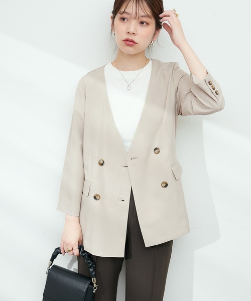 natural couture（ナチュラルクチュール）の「麻調ノーカラージャケット（テーラードジャケット・レディース・ベージュ/ネイビー/ラベンダー/ブラック・FREE）」の16枚目の写真