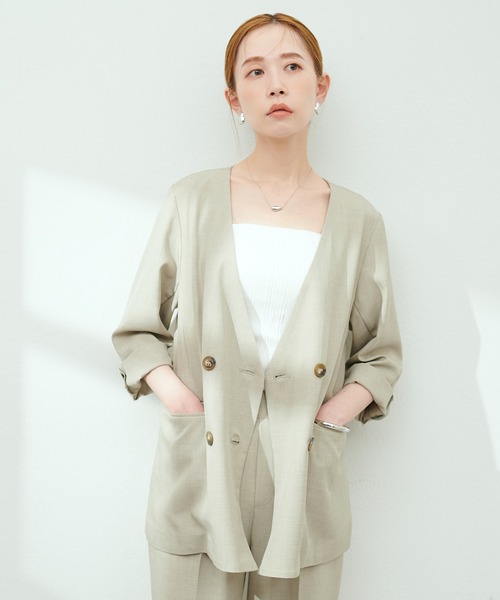 natural couture（ナチュラルクチュール）の「麻調ノーカラージャケット（テーラードジャケット・レディース・ベージュ/ネイビー/ラベンダー/ブラック・FREE）」の11枚目の写真