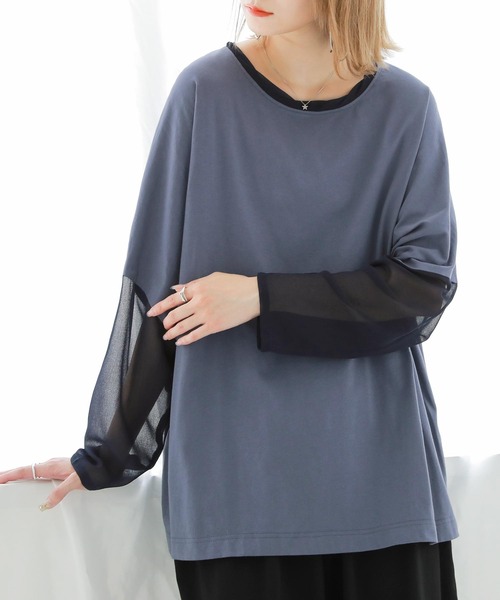 n'OrLABEL(ノアールレーベル)の「シアー×カットソー異素材MIXロンT(Tシャツ/カットソー・レディース・グレイッシュベージュ/グレイッシュブルー/ブラック・2/1)」の3枚目の写真