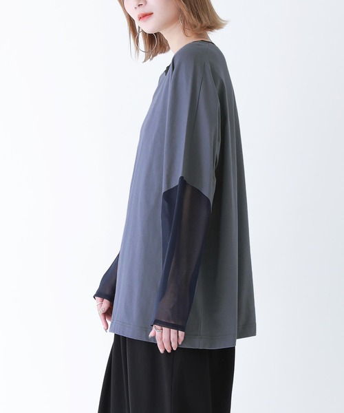 n'OrLABEL(ノアールレーベル)の「シアー×カットソー異素材MIXロンT(Tシャツ/カットソー・レディース・グレイッシュベージュ/グレイッシュブルー/ブラック・2/1)」の6枚目の写真