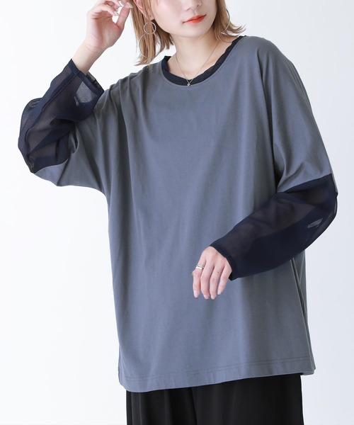n'OrLABEL(ノアールレーベル)の「シアー×カットソー異素材MIXロンT(Tシャツ/カットソー・レディース・グレイッシュベージュ/グレイッシュブルー/ブラック・2/1)」の4枚目の写真