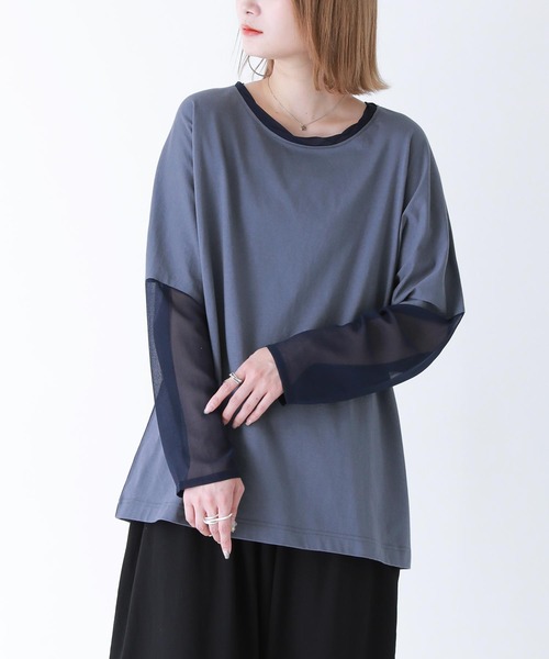 n'OrLABEL(ノアールレーベル)の「シアー×カットソー異素材MIXロンT(Tシャツ/カットソー・レディース・グレイッシュベージュ/グレイッシュブルー/ブラック・2/1)」の5枚目の写真