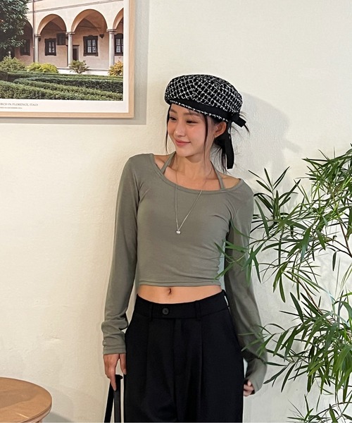 ホルターネッククロップドロングTシャツ（Tシャツ/カットソー）｜by