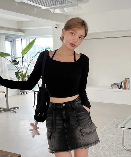 by muni:r（バイ ムニール）の「ホルターネッククロップドロングTシャツ（Tシャツ/カットソー・レディース・アイボリー/ブラック/カーキ・FREE）」の20枚目の写真