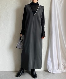 深Vネックビジューパールジャンスカロングワンピース