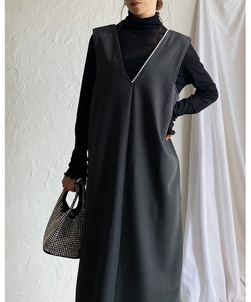 美品⁂センソユニコ⁂メフウ⁂ロングワンピース　ジャンスカ　重ね着　オールシーズン セール】深Vネックビジューパールジャンスカロングワンピース