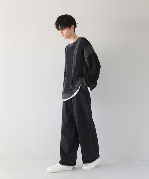 kolor ケーブル編み ブラックニットセーター サイズ5 ニット メンズ 大きいサイズ ケーブル編み クルーネック セーター