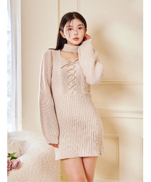 レースアップケーブルニットミニワンピース（ワンピース