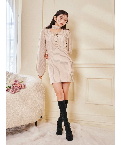新品タグ付き Darich レースアップケーブルニットミニワンピース FREE レースアップケーブルニットミニワンピース（ワンピース