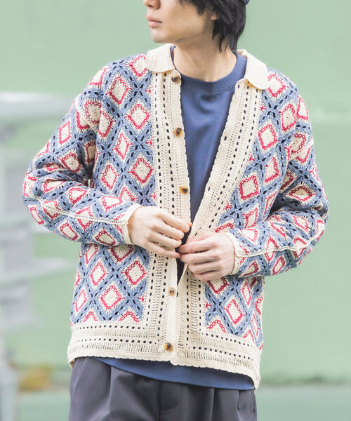 417 EDIFICE（フォーワンセブンエディフィス）の「クロシェニット ポロカーディガン（カーディガン/ボレロ・メンズ・ベージュ/ブラック・MEDIUM/LARGE）」の9枚目の写真