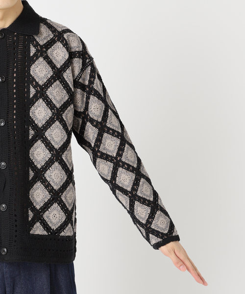 417 EDIFICE（フォーワンセブンエディフィス）の「クロシェニット ポロカーディガン（カーディガン/ボレロ・メンズ・ベージュ/ブラック・MEDIUM/LARGE）」の7枚目の写真