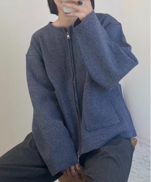 Ada.（エイダ）の「ポケット付き ジップ ニット ブルゾン（ブルゾン・レディース・オフホワイト/ブラック/グレー/ネイビー/ブラウン/チャコールグレー・FREE）」の6枚目の写真