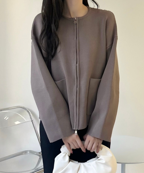Ada.（エイダ）の「ポケット付き ジップ ニット ブルゾン（ブルゾン・レディース・オフホワイト/ブラック/グレー/ネイビー/ブラウン/チャコールグレー・FREE）」の5枚目の写真