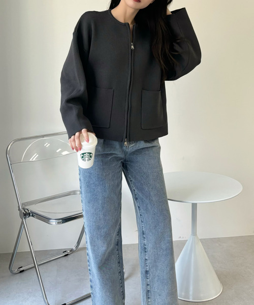 セール】ポケット付き ジップ ニット ブルゾン（ブルゾン）｜Ada