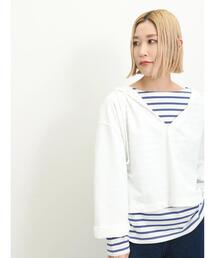 Samansa Mos2 blue | ◎ミニ裏毛スキッパーパーカー(Tシャツ/カットソー)
